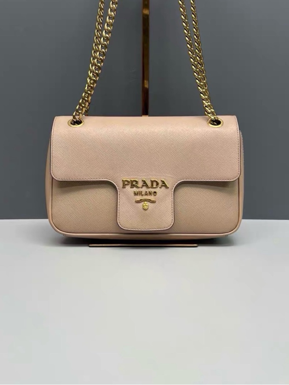 Prada Blush Saffiano Leather Shoulder Bag with Gold Chain